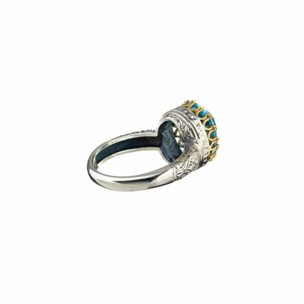 Crown big oval Ring in 18K Gold and sterling silver with Blue topaz