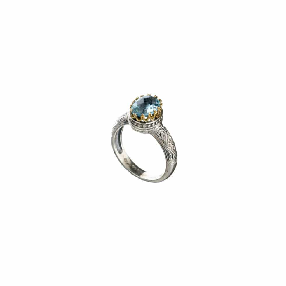 Crown small oval Ring in 18K Gold and sterling silver with blue topaz