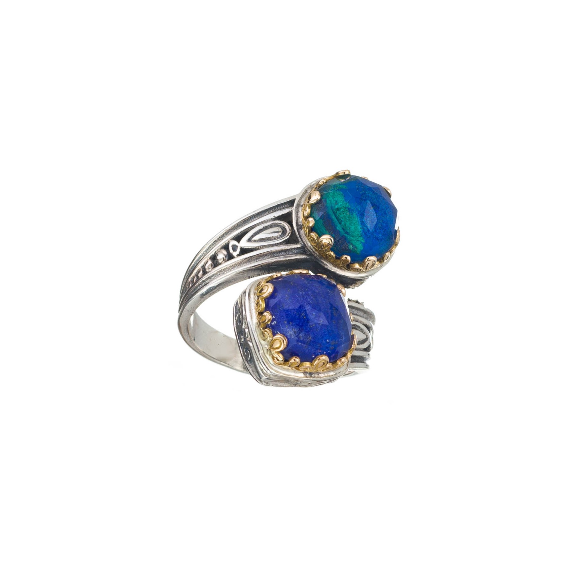 Aegean colors two blue stones ring in 18K Gold and Sterling Silver