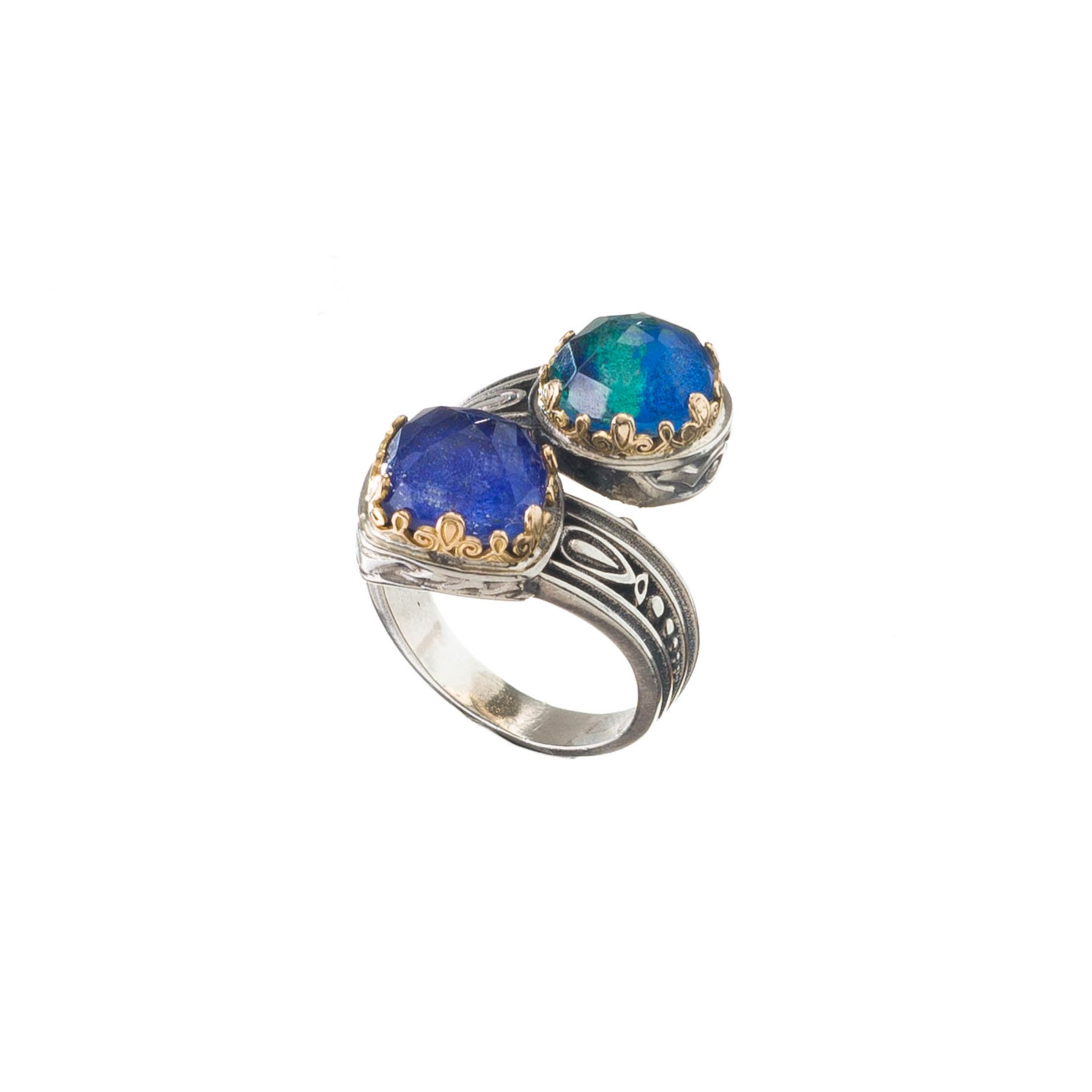 Aegean colors two blue stones ring in 18K Gold and Sterling Silver