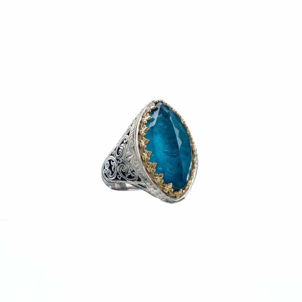 Aegean colors marquise ring in 18K Gold and Sterling Silver with doublet stone