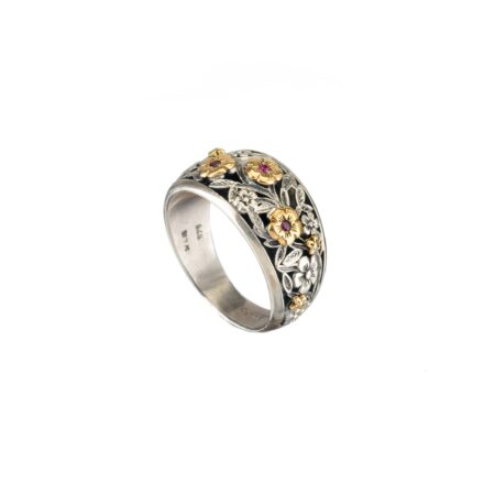 Harmony band ring in 18K Gold and Sterling Silver with rubies