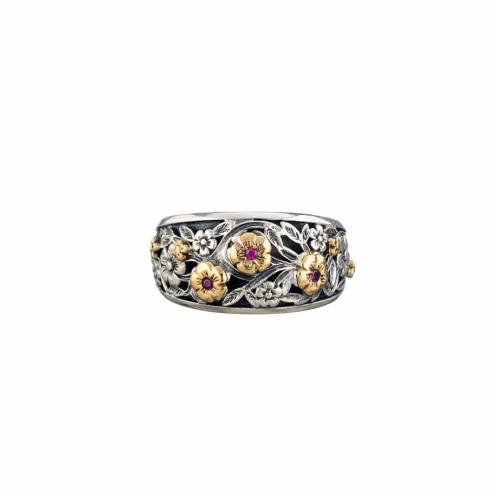 Harmony band ring in 18K Gold and Sterling Silver with rubies