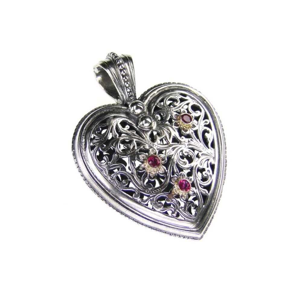 Hearts necklaces Mother and Daughter in 18K solid Yellow Gold, sterling silver and rubies
