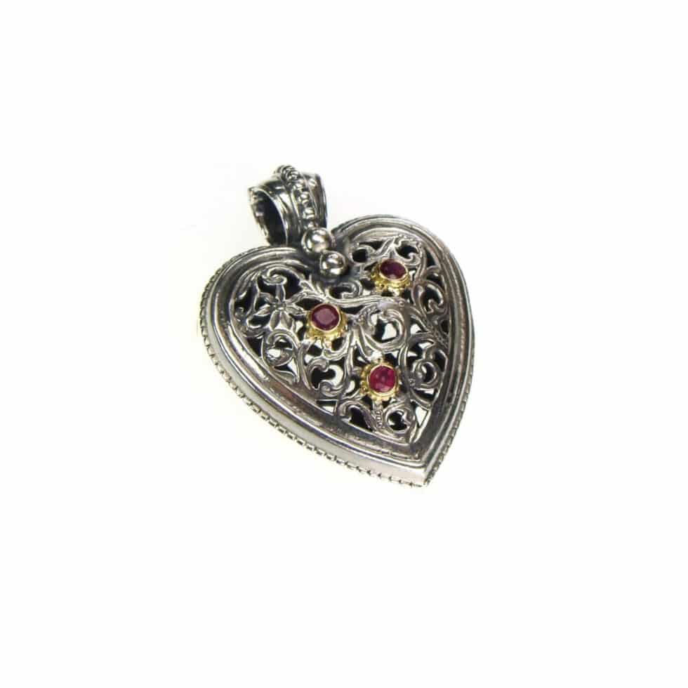 Garden Shadows medium Heart pendant in 18K Gold and Sterling Silver with rubies