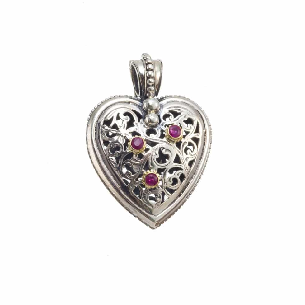 Garden Shadows medium Heart pendant in 18K Gold and Sterling Silver with rubies