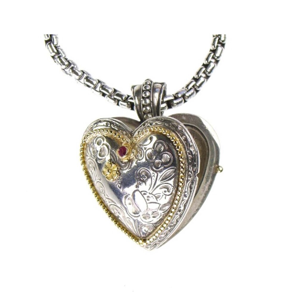 Heart locket pendant in 18K Gold and Sterling Silver with ruby