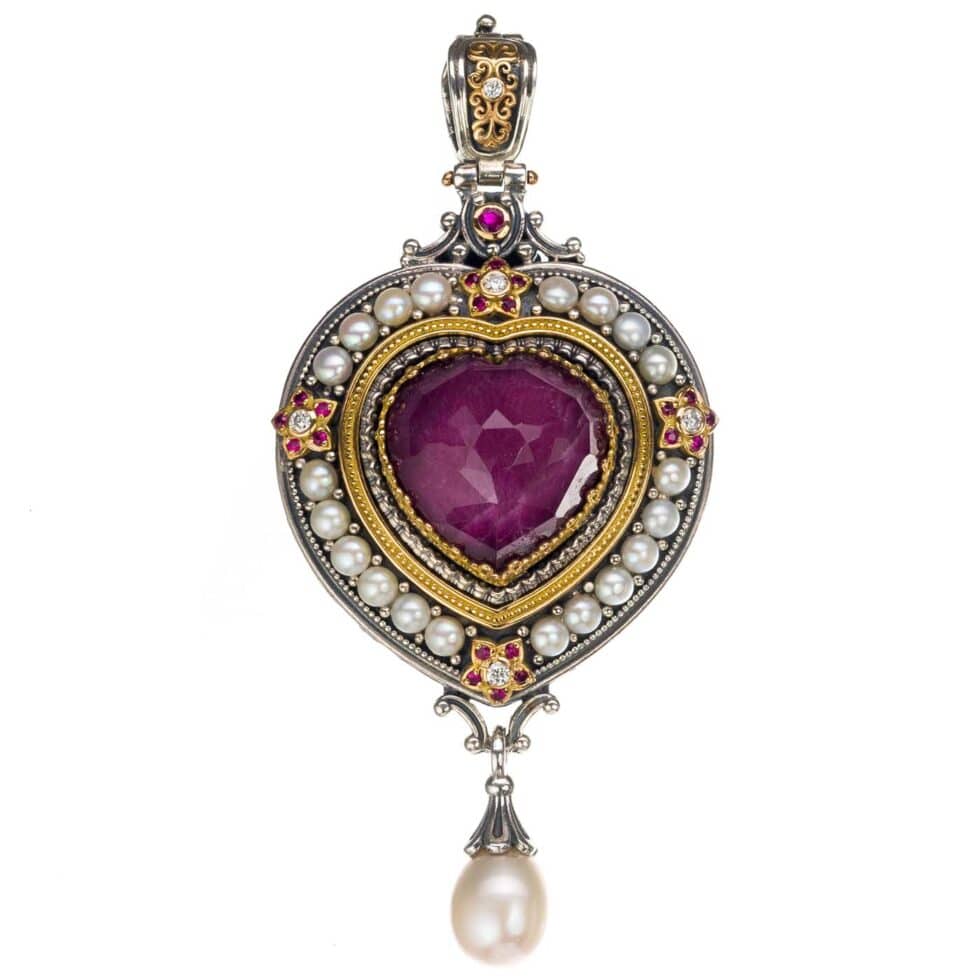 Imperial heart pendant in 18K Gold and Sterling Silver with Gemstones