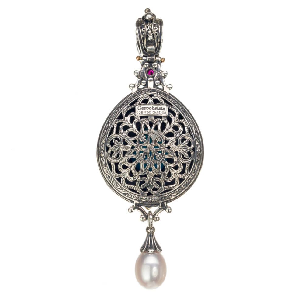 Imperial pear pendant in 18K Gold and Sterling Silver with Gemstones