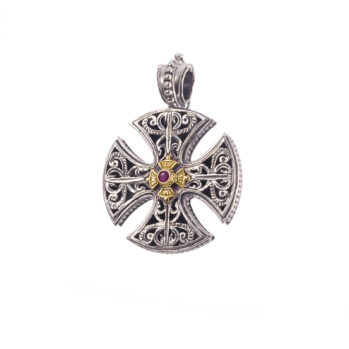 Patmos cross in 18K Gold and Sterling Silver with ruby