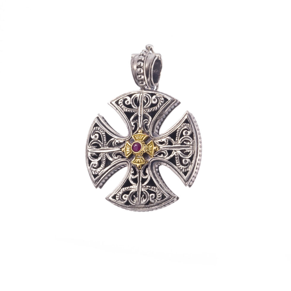 Patmos cross in 18K Gold and Sterling Silver with ruby