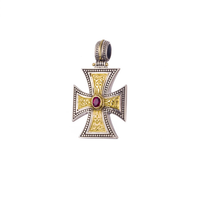 Maltese Patmos cross in 18K Gold and Sterling Silver with Ruby