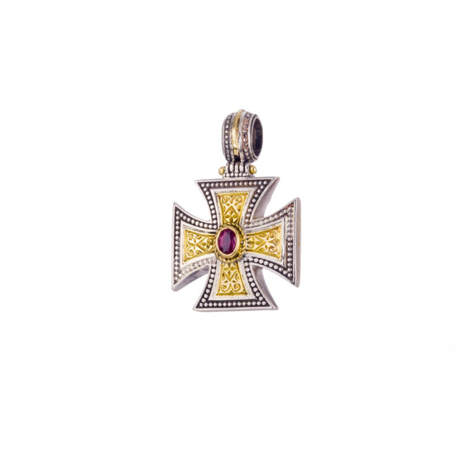 Maltese Patmos cross in 18K Gold and Sterling Silver with Ruby