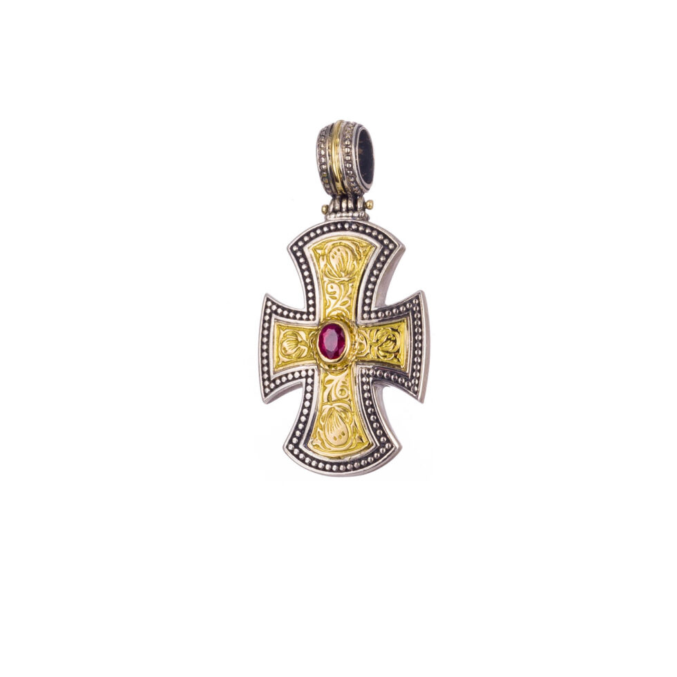 Maltese Patmos cross in 18K Gold and Sterling Silver with Ruby