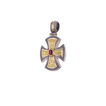 Maltese Patmos cross in 18K Gold and Sterling Silver with Ruby