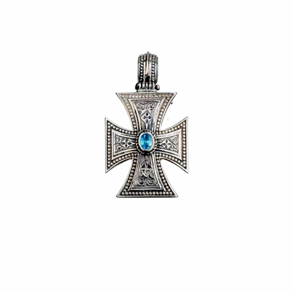 Maltese Patmos cross in Sterling Silver with Blue topaz