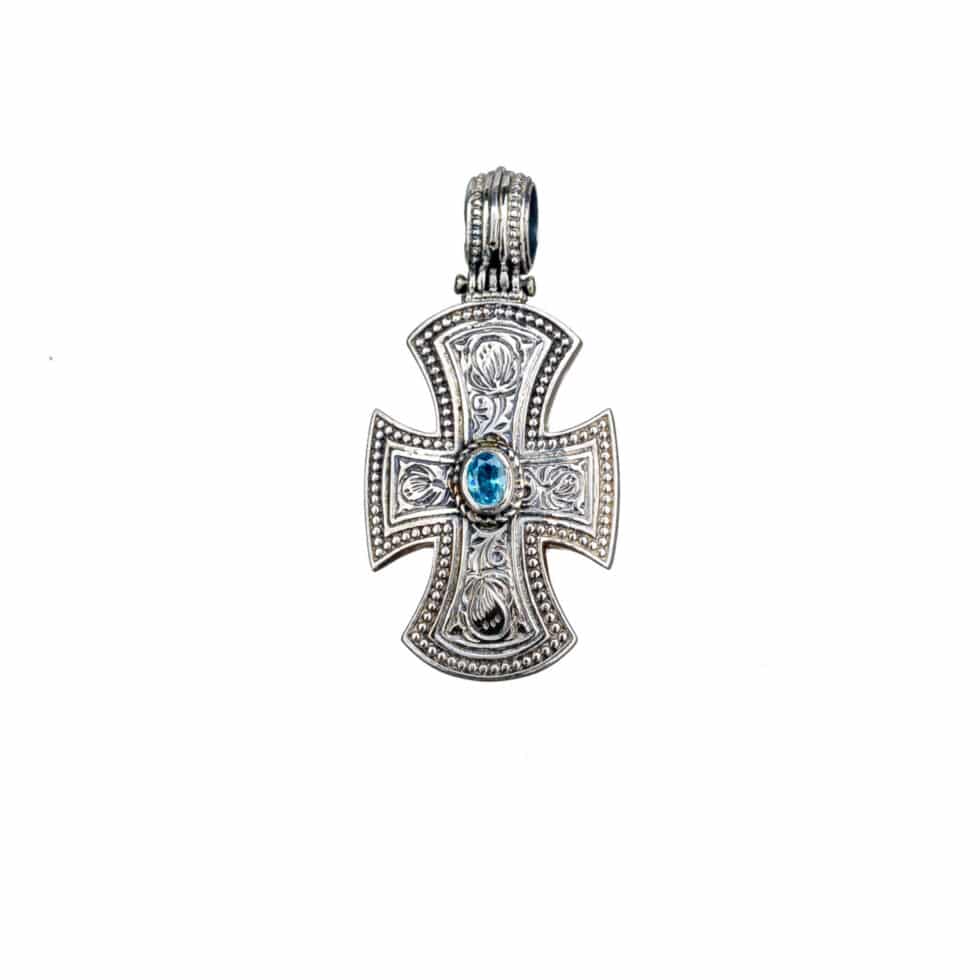 Maltese Patmos cross in Sterling Silver with Blue Topaz