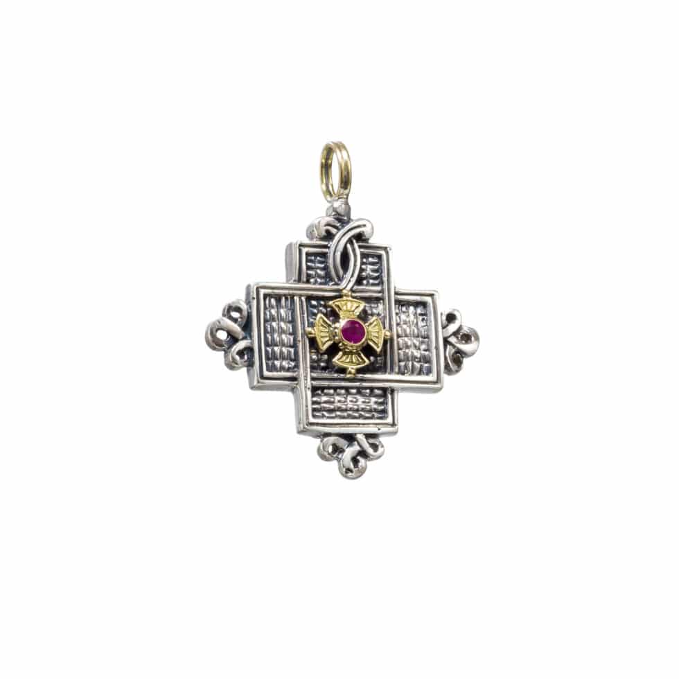 Patmos Cross in Sterling Silver with 18K Gold with ruby
