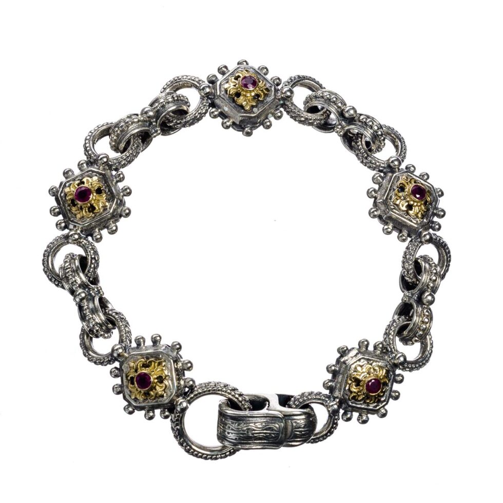 Byzantine Bracelet in 18K Gold and Sterling Silver with rubies