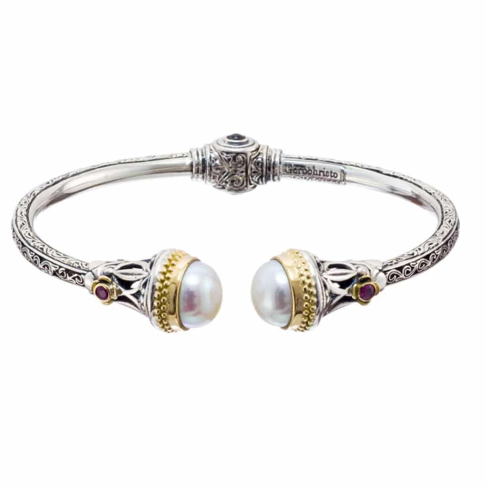Santorini Set Bracelet and Ring in 18K solid Yellow Gold and Sterling Silver with pearls and rubies