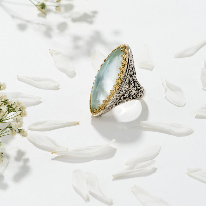 Aegean colors big marquise ring in 18K Gold and Sterling Silver with doublet stone