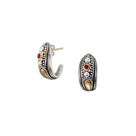 Byzantine Hoops Earrings in 18K Gold and Sterling Silver with Ruby - Image 3
