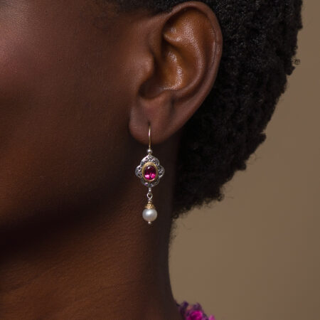 Byzantine long earrings in 18K Gold and Sterling Silver with Semi Precious Stones