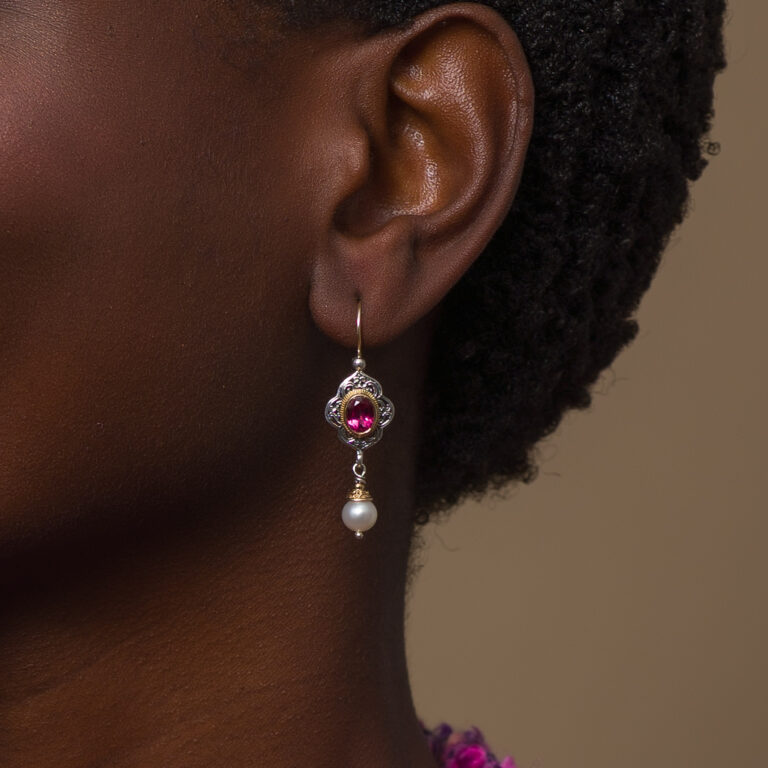Byzantine long earrings in 18K Gold and Sterling Silver with Semi Precious Stones