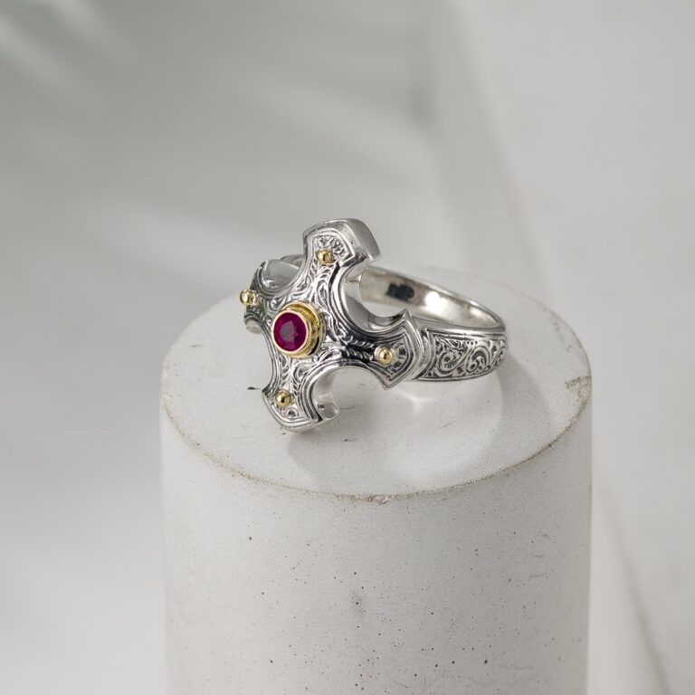 Classic Cross Ring in 18K Gold and Sterling Silver with ruby
