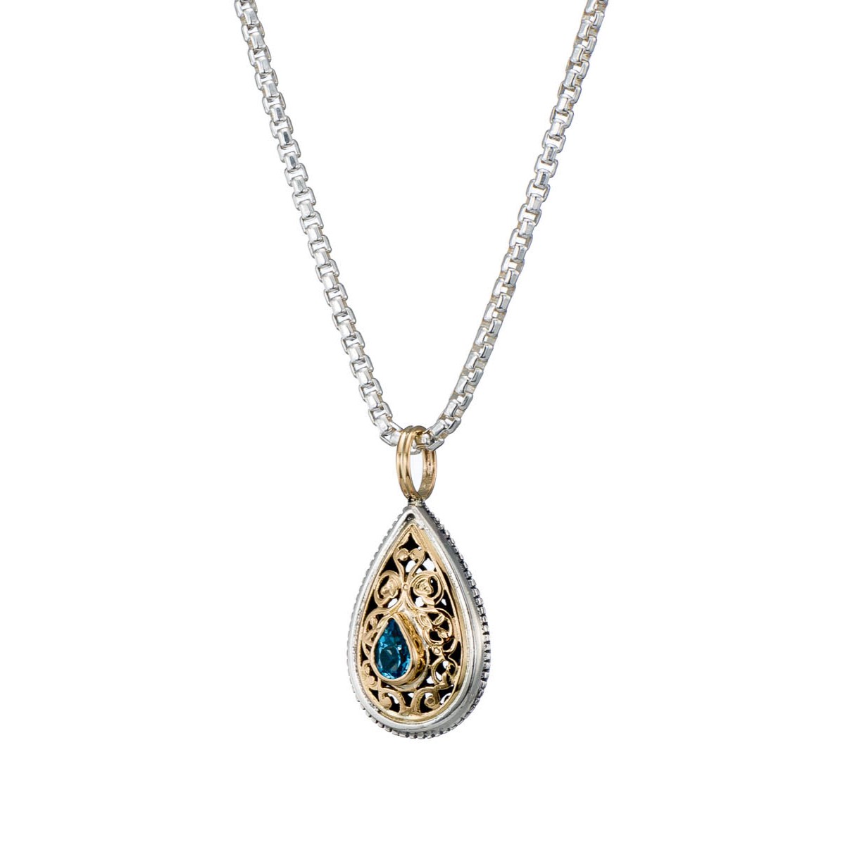 Garden Shadows drop Pendant in 18K Gold and Sterling Silver with blue Topaz