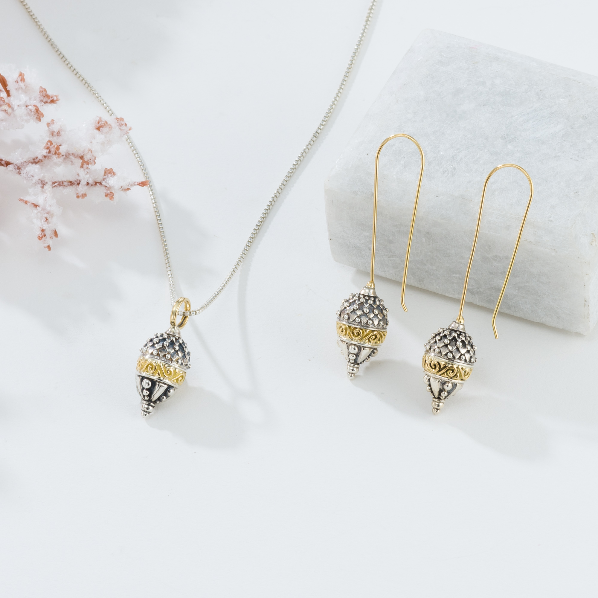 Santorini pine cone earrings in 18K Gold and Sterling Silver