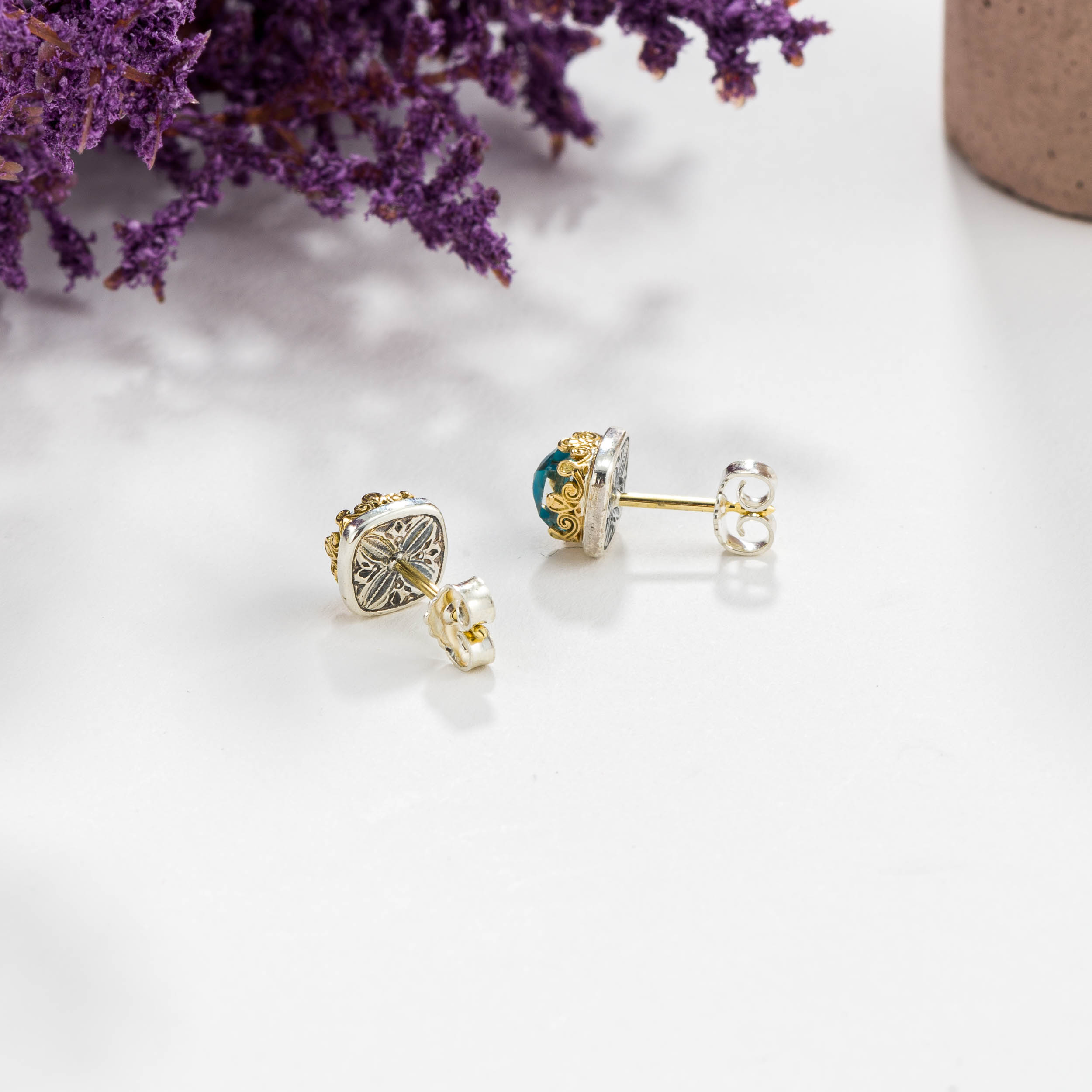Aegean colors stud earrings in 18K Gold and Sterling Silver with doublet stone