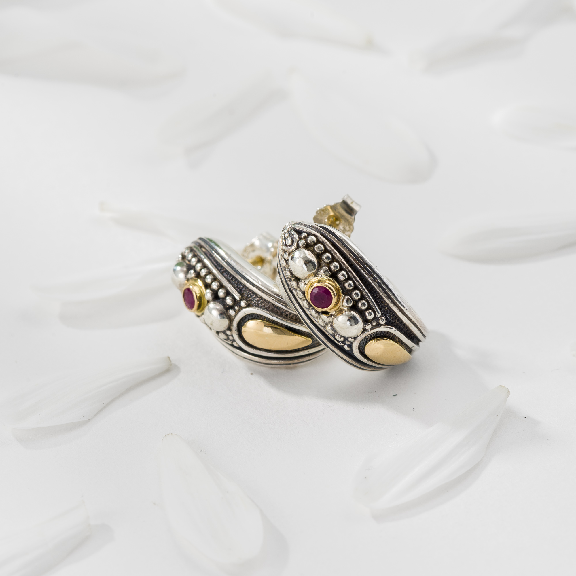 Byzantine Hoops Earrings in 18K Gold and Sterling Silver with Ruby