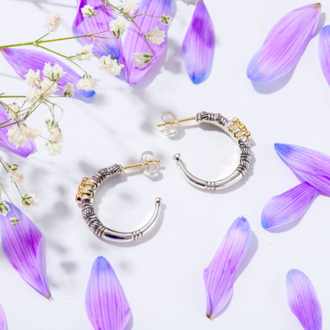 Kassandra Hoops earrings in 18K Gold and Sterling Silver with rubies - Image 3