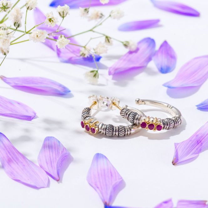 Kassandra Hoops earrings in 18K Gold and Sterling Silver with rubies