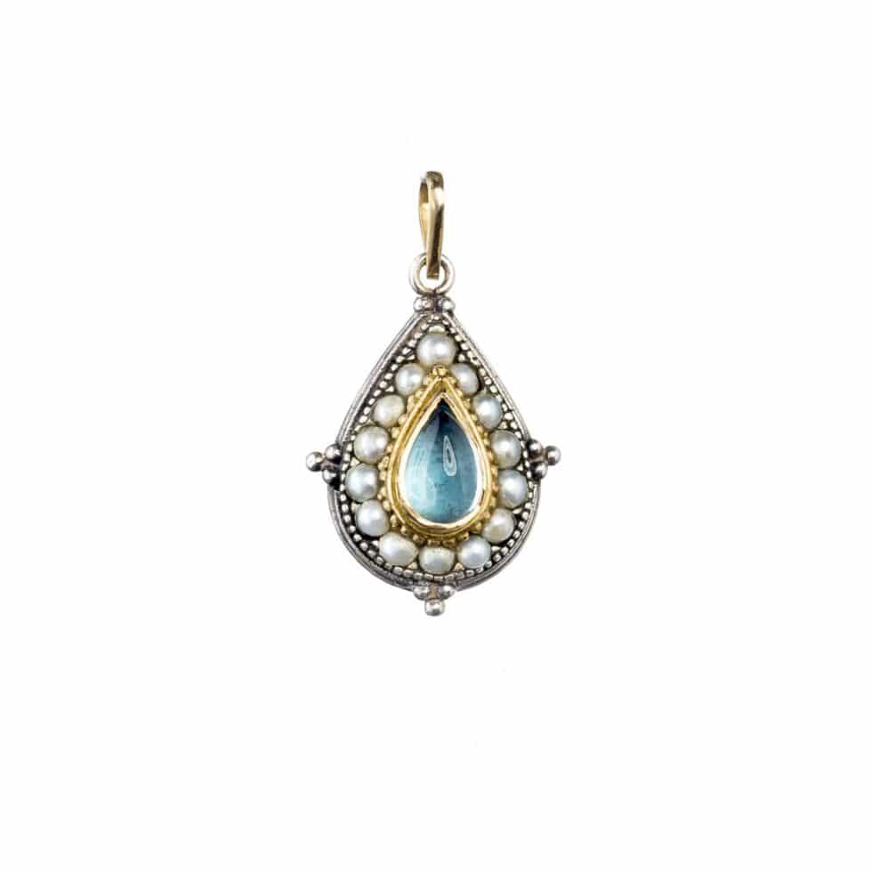 Athenian flowers Aphrodite pendant in 18K Gold and Sterling Silver with aquamarine