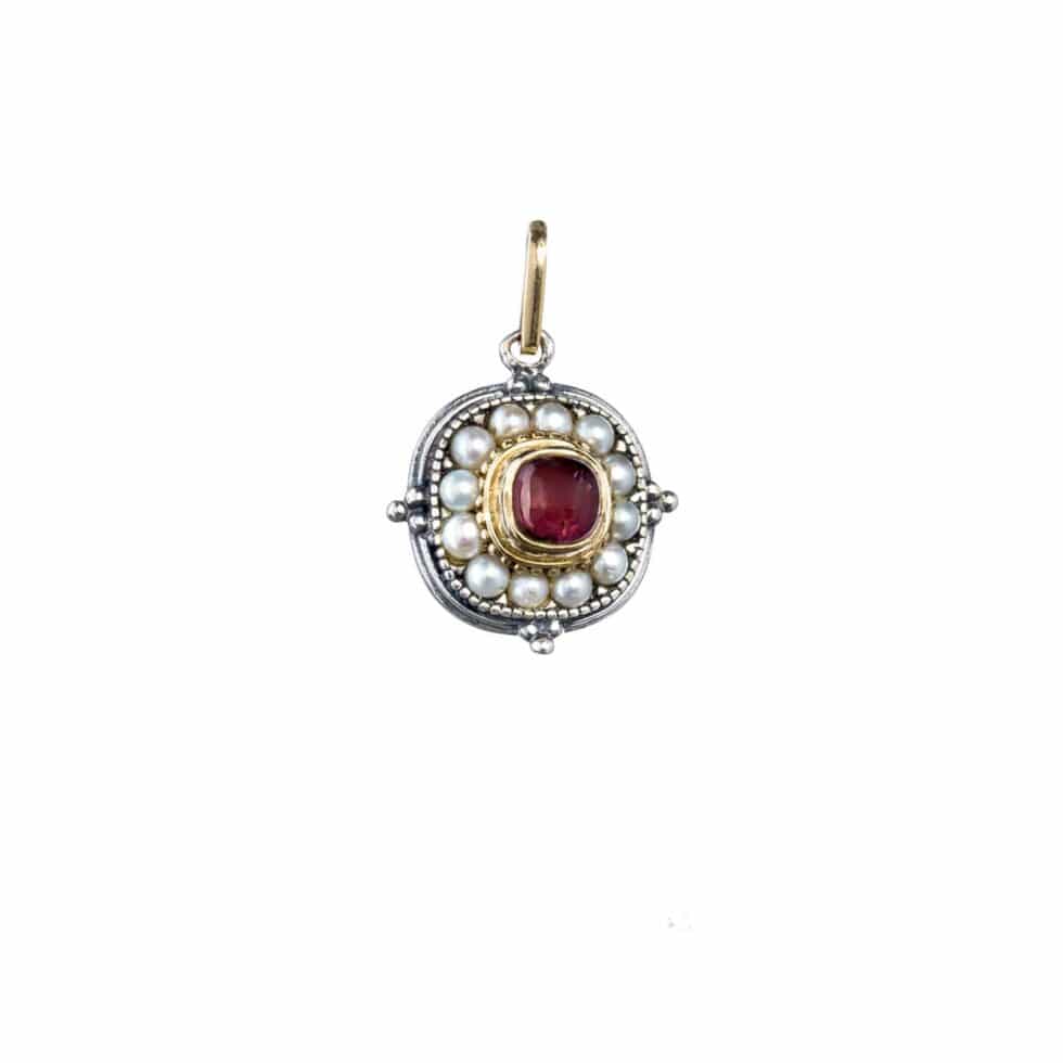 Athenian flowers Aphrodite cushion pendant in 18K Gold and Sterling Silver with garnet