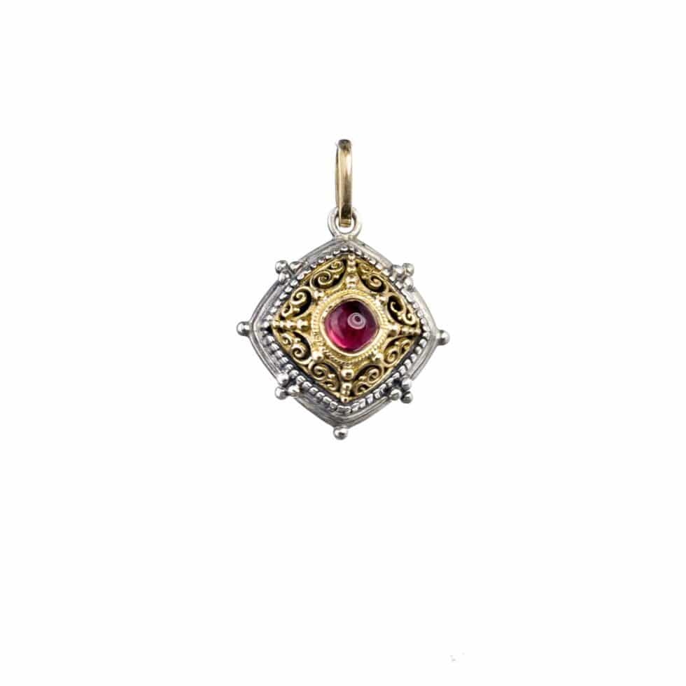 Byzantine pendant in 18K Gold and Sterling Silver with pink tourmaline