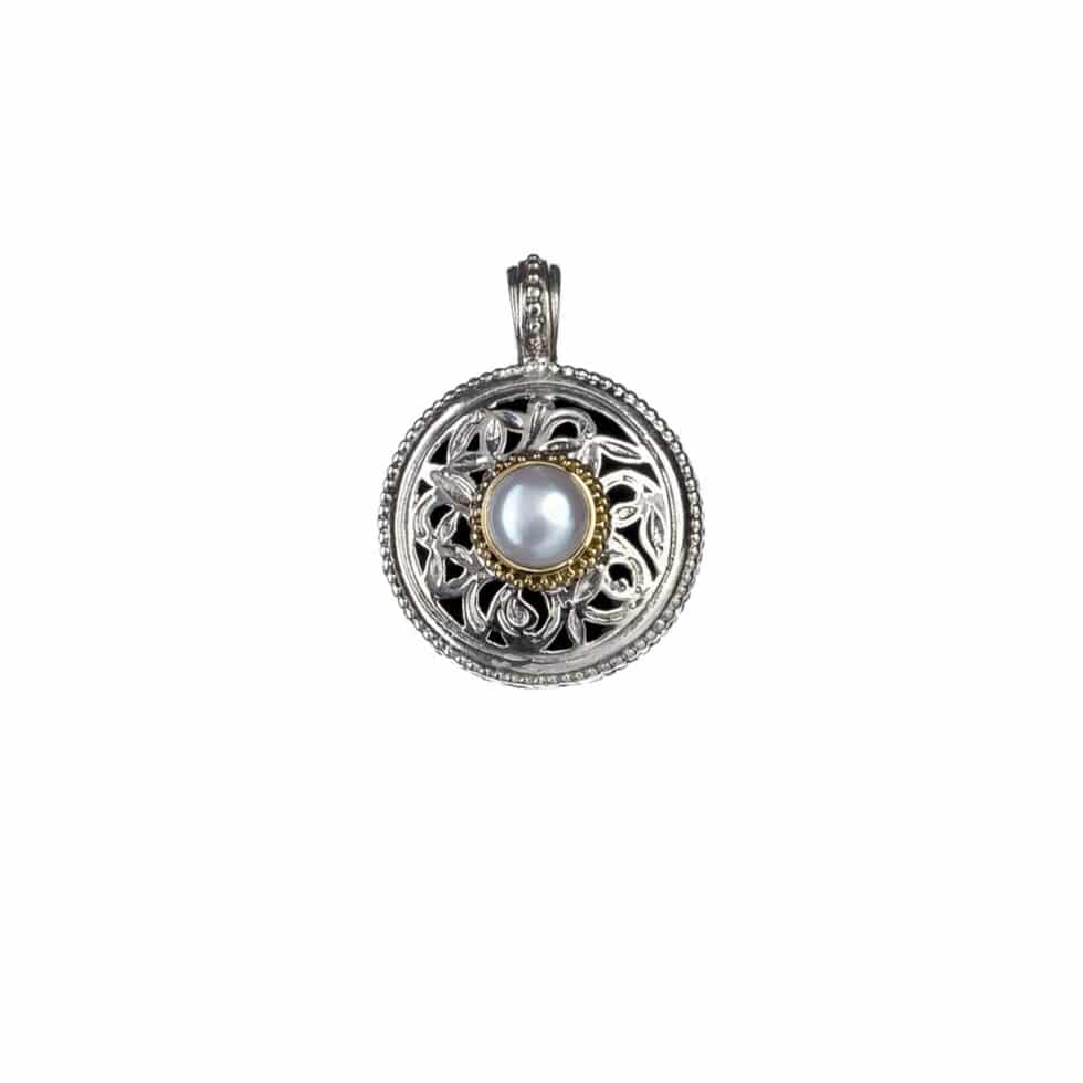 Garden shadows round pendant in 18K Gold and Sterling Silver with pearl