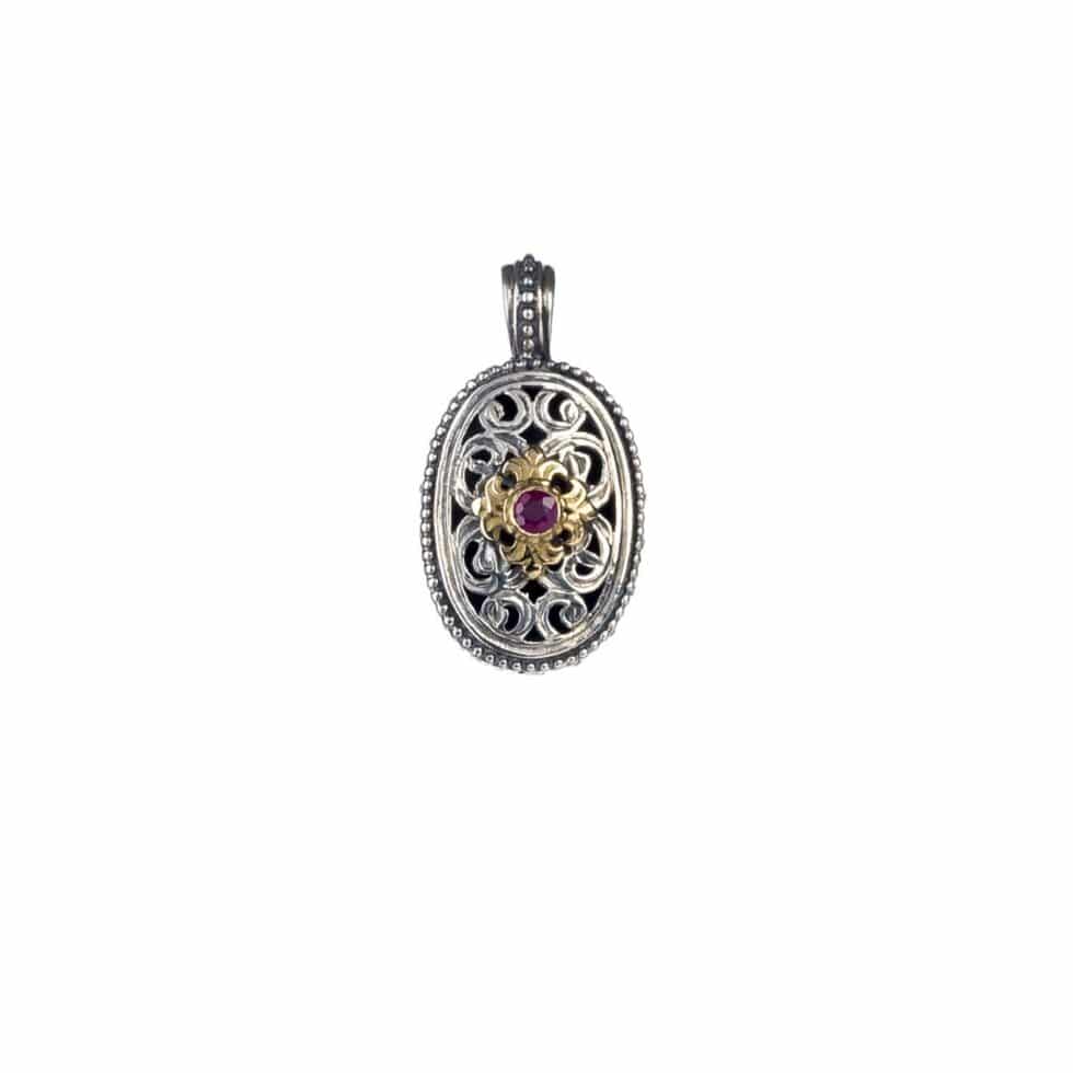 Garden shadows medium oval  pendant in 18K Gold and Sterling Silver with ruby