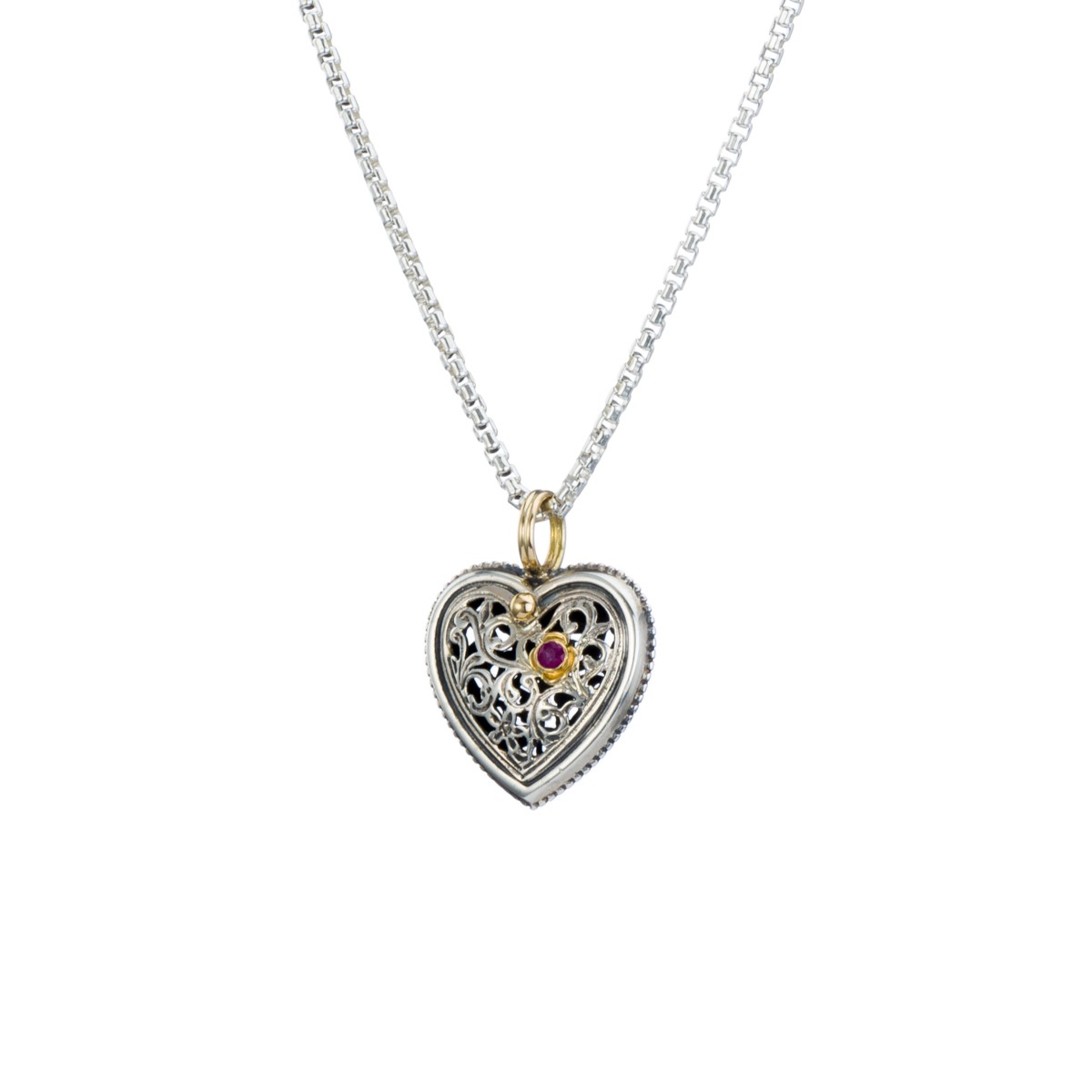 Garden Shadows Heart Pendant in 18K Gold and Sterling Silver with Ruby