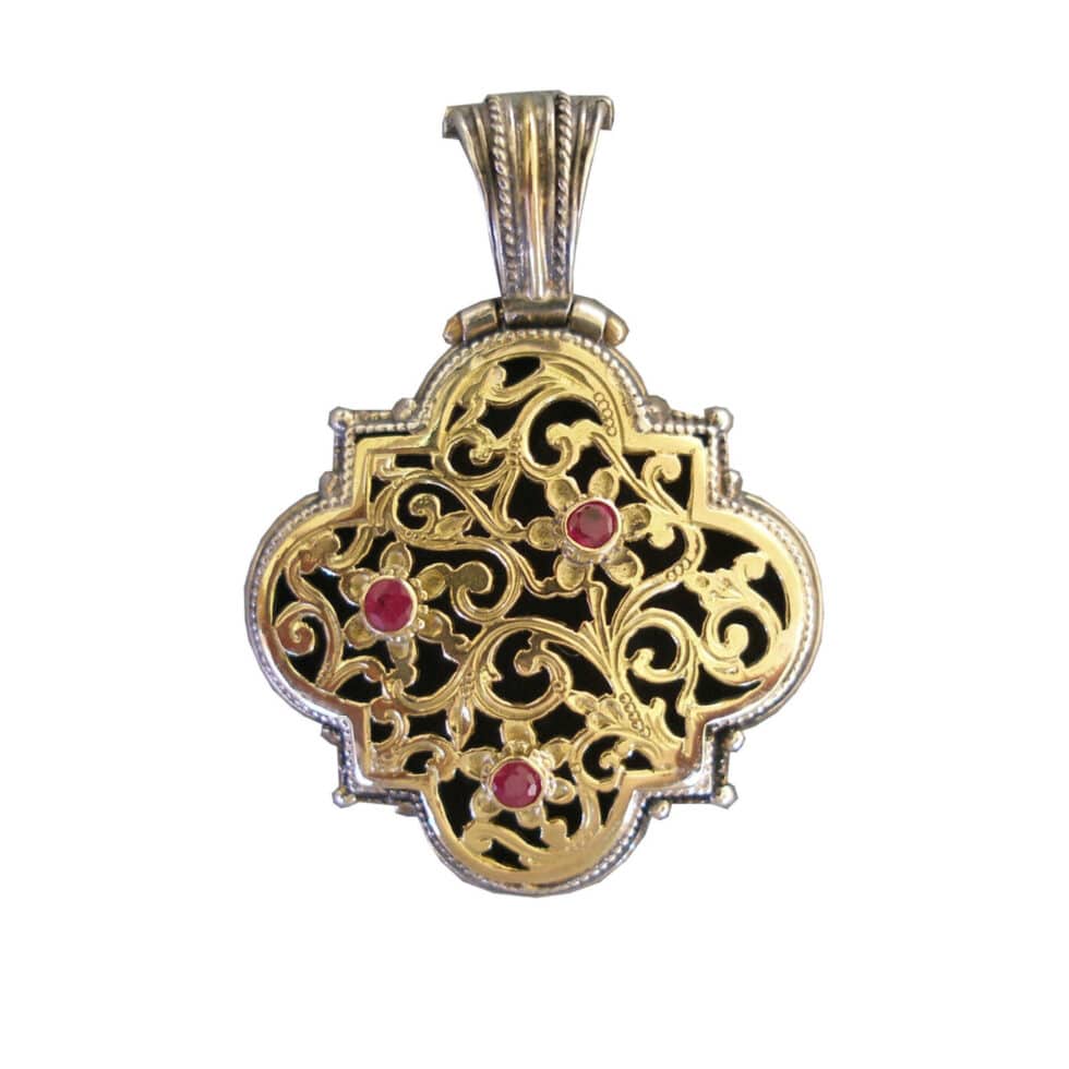 Garden Shadows pendant in 18K Gold and Sterling Silver with rubies