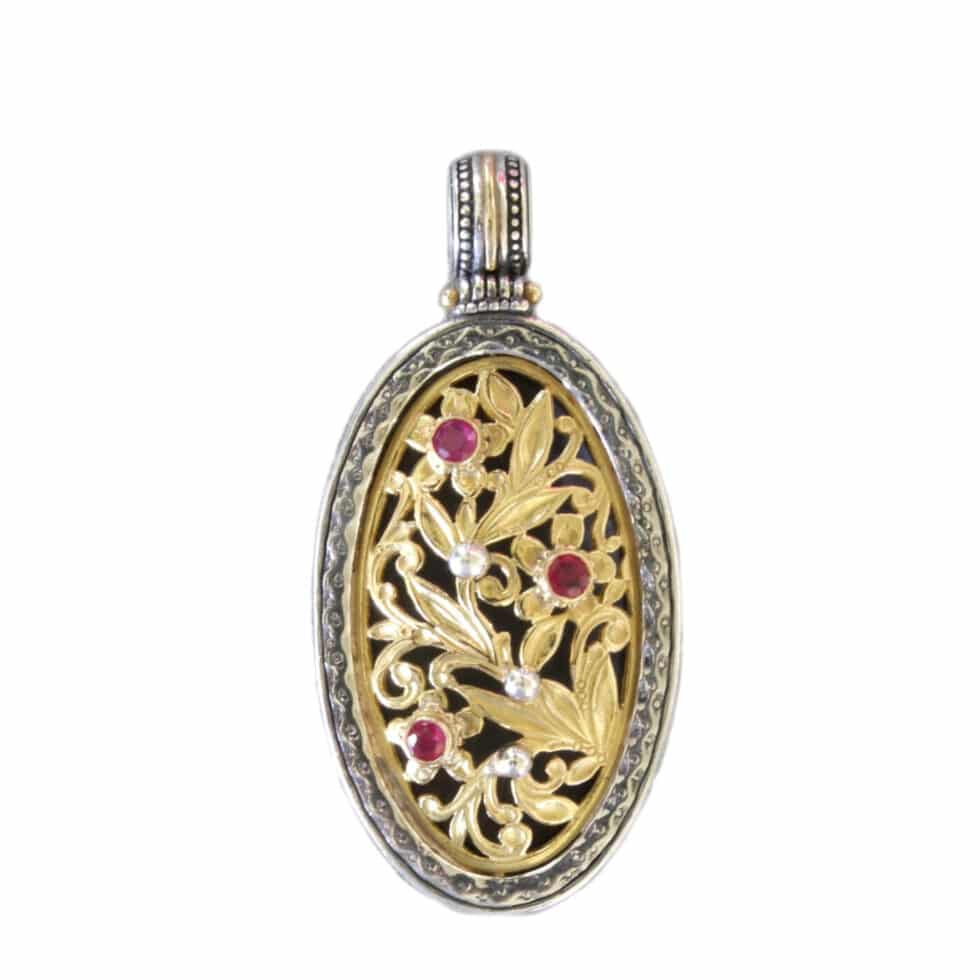 Garden Shadows oval Pendant in 18K Gold and Sterling Silver with Rubies