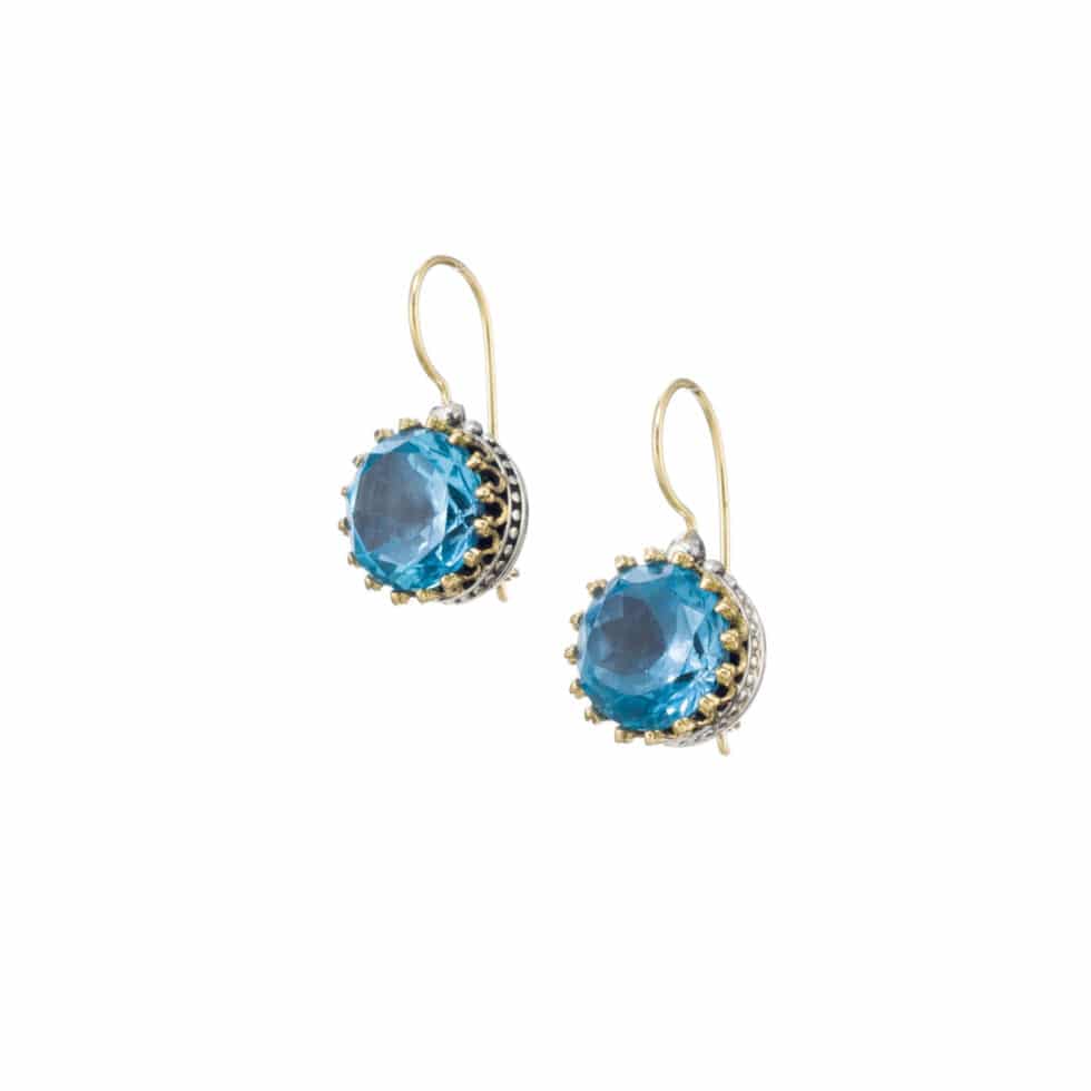 Crown round earrings in 18K Gold and Sterling Silver with blue topaz
