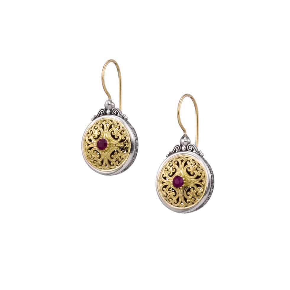 Mediterranean round earrings in 18K Gold and Sterling Silver with ruby