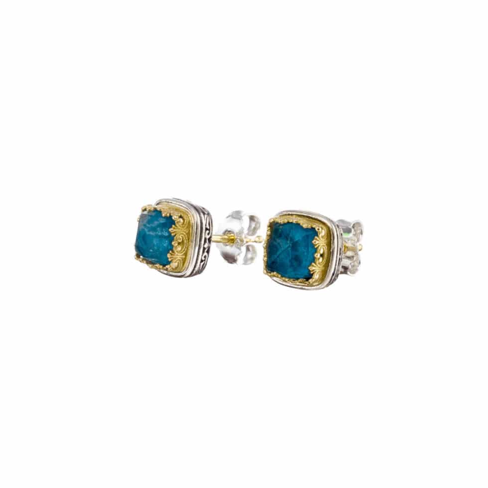 Iris square stud earrings in 18K Gold and Sterling Silver with doublet stones