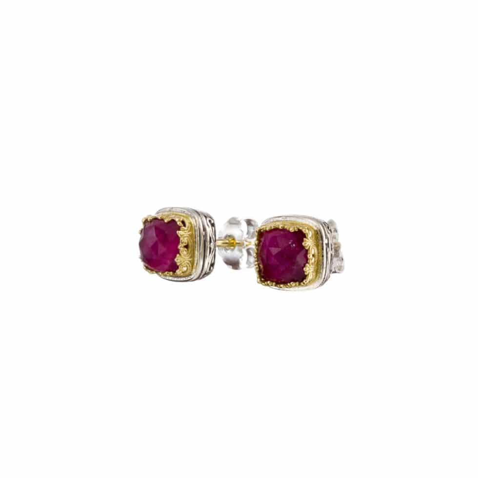 Iris square stud earrings in 18K Gold and Sterling Silver with doublet stones