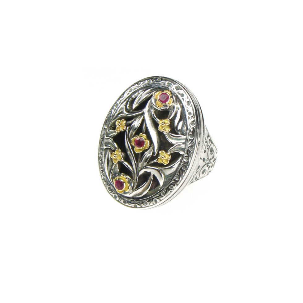 Byzantine flower oval Ring in 18K Gold and Sterling Silver with rubies