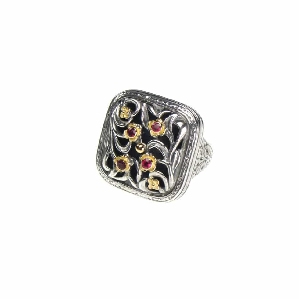Byzantine flower square Ring in 18K Gold and Sterling Silver with rubies