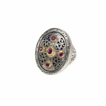 Garden Shadows Cross pattern oval Ring in 18K Gold and Sterling Silver with rubies